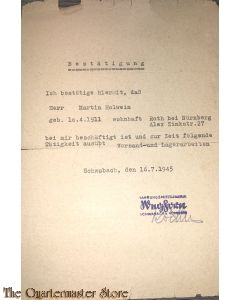 Bestatigung beschaftigung Versand und Lagerarbeit 16-07-1945