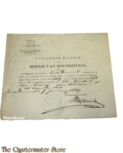 Bewijs van inschrijving Nationale Militie 1869 Zaltbommel