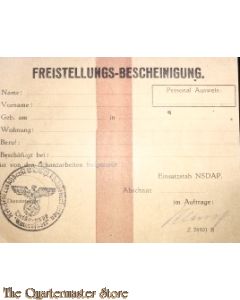 Freistellungs-bescheinigung Schanzarbeiten Einsatzstab der NSDAP