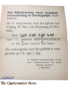 Bekendmaking Rijksbureau voor voedselvoorziening in Oorlogstijd Utrecht afd Amersfoort  1944 Kippenvleesch