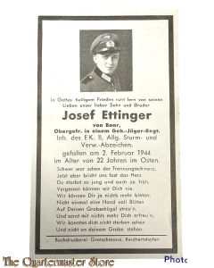 In Memoriam Karte/Death notice Ober Gefreiter Gebirgsjager Regiment  Russland 1944