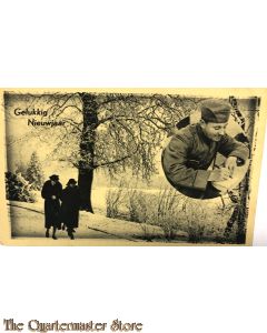 Prent briefkaart mobilisatie 1940 Gelukkig Nieuwjaar 2 vrouwen langs vijver met schrijvende soldaat