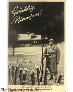 Prent briefkaart mobilisatie 1939 Gelukkig Nieuwjaar, De wachter aan de grens