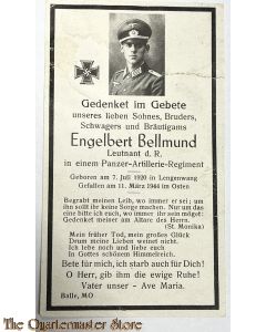 In Memoriam Karte/Death notice Leutnant Panzer Art Regt 1944 im Osten 