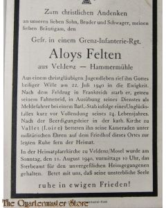 In Memoriam Karte/Death notice Gefreiter Grenz Infanterie regiment 