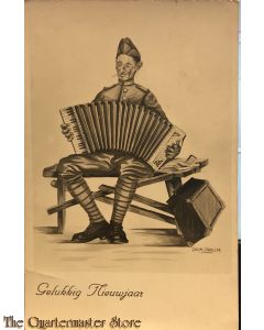 Prentbriefkaart mobilisatie 1939 Gelukkig Nieuwjaar (soldaat op accordeon)