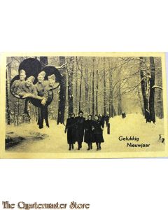 Prent briefkaart  mobilisatie 1939 Gelukkig nieuwjaar 4 soldaten 4 meisjes
