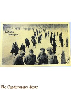 Prent briefkaart mobilisatie 1939 Gelukkig Nieuwjaar (soldaten met schaatsende mensen)