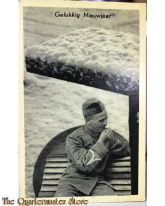 Prent briefkaart mobilisatie 1939 Gelukkig nieuwjaar (soldaat blaast zn handen warm)