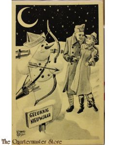 Prent briefkaart mobilisatie 1939 Gelukkig Nieuwjaar stel met cupido sneeuwpop