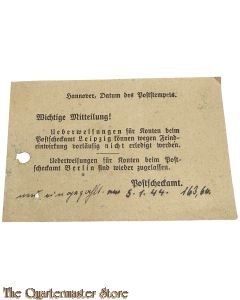 1944 Wichtige mitteilung ! Postcheckamt Leipzig (No deposits due to Enemy attacks)