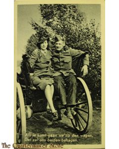 Prent briefkaart mobilisatie 1940 Als je komt gaan we op den wagen Dat zal ons beiden behagen