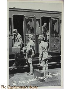 Prent briefkaart  mobilisatie 1940 Ik ben goed aangekomen (4 soldaten bij coupe)