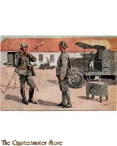 Prent briefkaart no 16 Soldatern van Korps Luchtdoelartillerie en van Korps Pontonniers en Torpedisten in Veldtenue