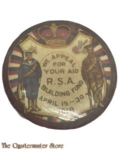British WW1 Pin on button "We appeal for your aid R.S.A. building fund april 15-30 1918"