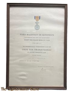 Oorkonde Eremedaille Orde van Oranje Nassau, civiel 