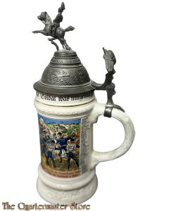 Keramik Deutscher Bierkrug mit Zinndeckel und Zinnfigur Adler und Reiter- 'Regimental - 9. Württ. Inftr. Reg.-Nr. 127